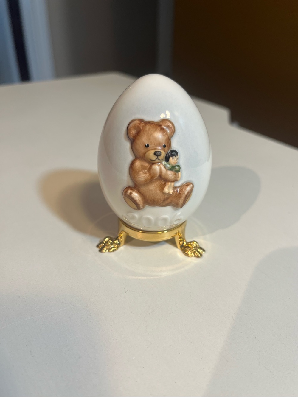 Goebel 2006 Porcelain Teddy Bear Egg Figurine with Gold Stand